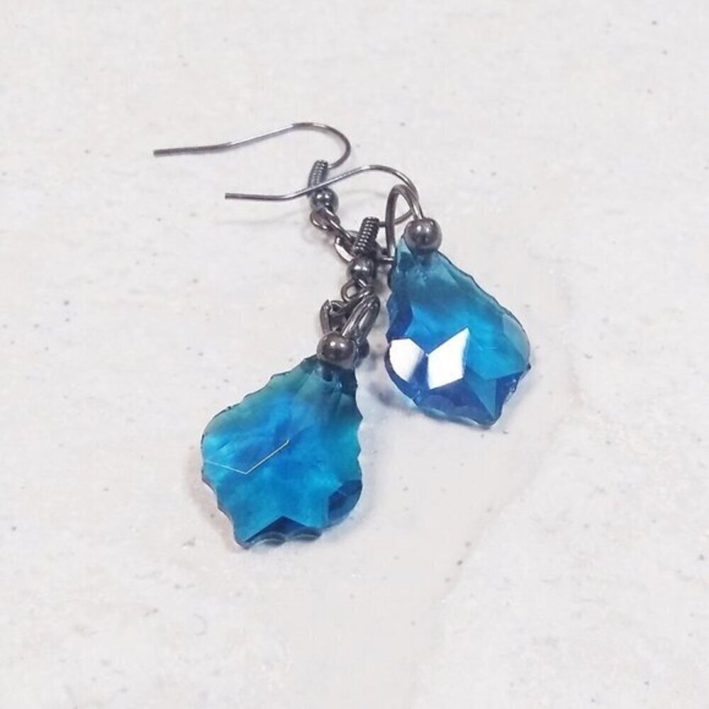Fancy Cut Glass Drop Earrings - Blue & GunMetal Black! Edgy + Sexy Chandeliers - Picture 4 of 8